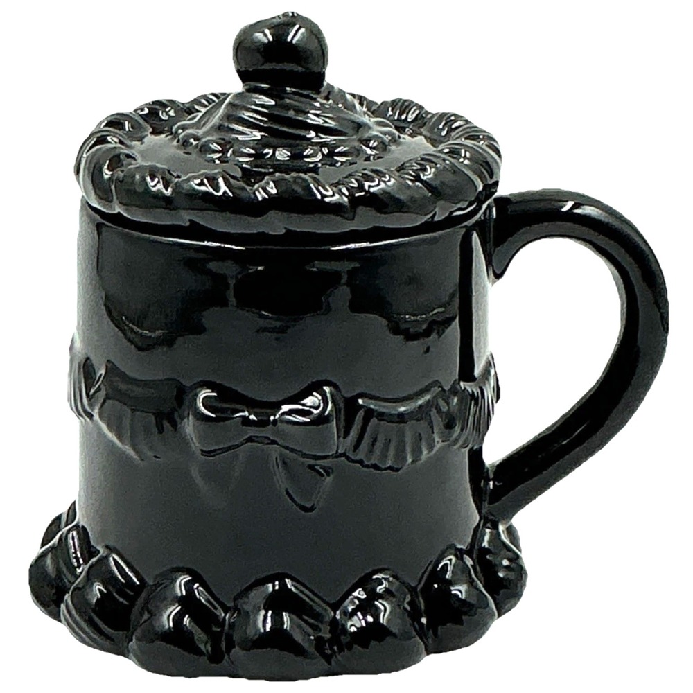 Black Gothic Mug With Lid Bow Ornate Ceramic Coffee Cup Coquette Style